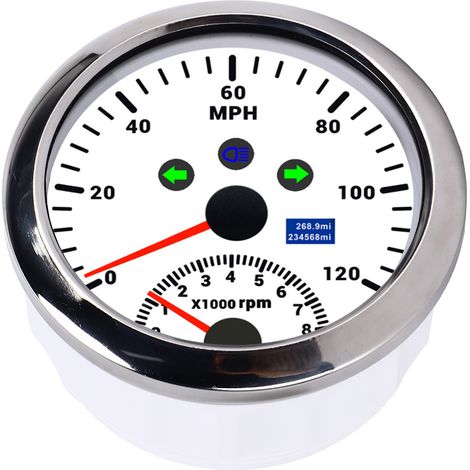 85-mm-GPS-Tachometer (0–200 km/h) mit Drehzahlmesser (8000 U/min), Geschwindigkeitsalarm, roter LCD-Hintergrundbeleuchtung, 12 V/24 V, geeignet für Auto, Boot und Quad, weiß (1/5)