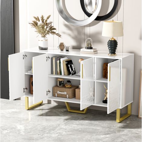 Aparador blanco brillante de 4 puertas, MDF, 140 x 40 x 80 cm HAVRYA (1/5)