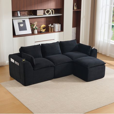 Canapé modulaire 256x161x75 cm noir en velours côtelé avec pouf, coussins, poches latérales et porte-gobelet (1/5)