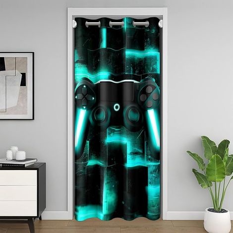 Treillis Turquoise Rideau Occultant 86x203,Console de Jeux Rideau de Porte pour L'Intimité de Porte,Neon Cube Gamepad Rideau de Porte,Géométrie Abstraite Rideaux de Séparation de Chambre pour Porte - (1/5)
