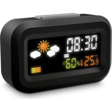 Metronic 477340 - Sveglia digitale da viaggio a batterie, display LCD retroilluminato a colori, orologio 12/24 ore, Snooze, calendario, meteo, temperatura, umidità