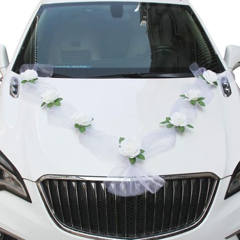 Décoration de voiture de mariage, 2 tulles blancs (longueur 180 cm) (1/4)
