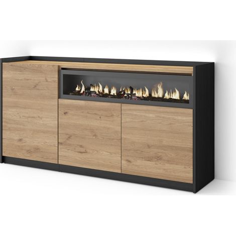 Skraut Home - Aparador para salón, Gran capacidad de almacenaje, 156x37x80cm, 3 Puertas, Chimenea eléctrica, LED, Estilo Moderno, Roble y negro (1/5)