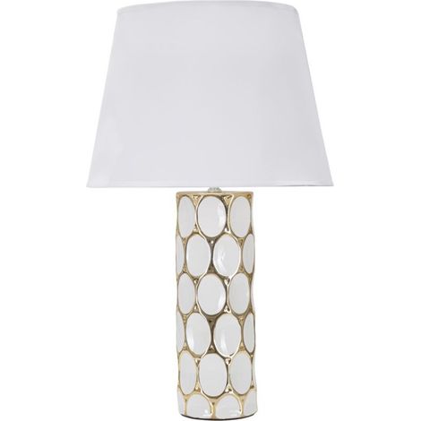 Lampada da tavolo Glam Carv in ceramica bianca e oro con motivo a cerchi