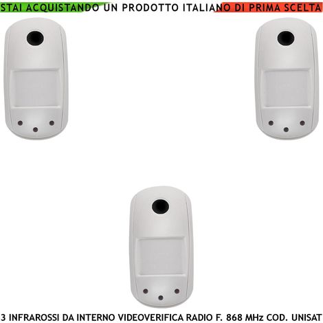 Sensore Movimento da Interno 3 Pezzi Rilevatore Infrarosso 12 Metri Grandangolo Fotocamera a Colori VGA 640X480 Videoverifica GPRS Visione Notturna Frequenza 868 MHz Bidirezionale UNISAT Anti Jamming (1/5)