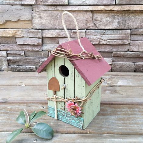 Maison à oiseaux suspendue en bois, toit rouge, décoration de jardin extérieur (1/5)