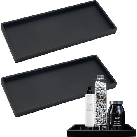 Plateau Rangement - Lot de 2 - Silicone - Bord Surélevé - Salle De Bain Cuisine - Noir 20x10x2cm (1/5)