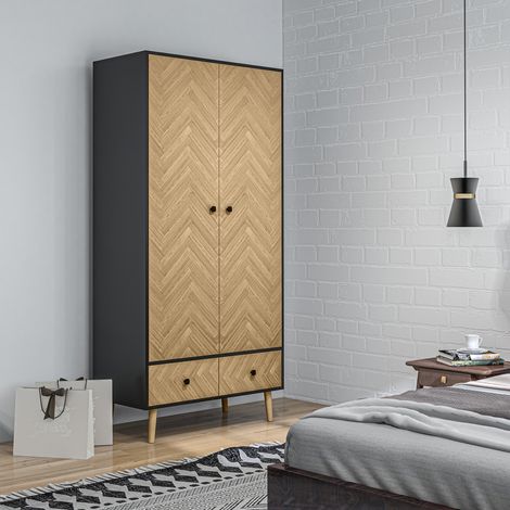 Armoire 2 portes en bois avec 4 étagères, 2 tiroirs et porte-manteaux, gris foncé, 90x50x190 cm (1/5)