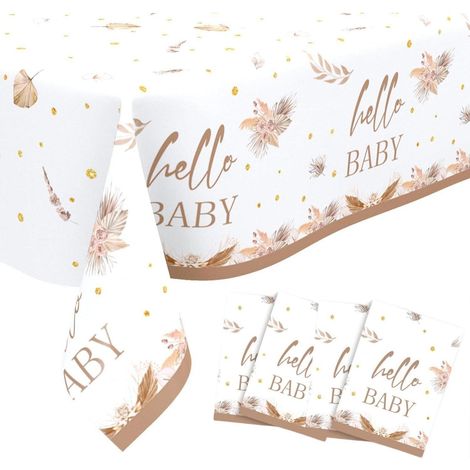 Babyparty Tischdecke 4er-Set, Goldbraun "Oh Baby", 180x108cm, PEVA, wasserdicht