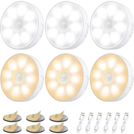 Indoor Motion Sensor Lights, 6-Pack Night Lights, Wireless LED Sensor Light with Magnetic Base, USB Type-C Rechargeable Battery for Wardrobe, Stairs, Closet, Hallway, Warm Yellow and MUMU (1/4)