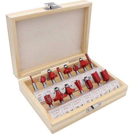 15 Pcs 6.35mm Tige Coffret De Fraises À Défoncer En Carbure De Tungstène Jeu Fraise À Rainurer Fraise À Bois Routeur Bit Milling Cutter Router Bit Kit Avec Boîtier En Bois (1/5)