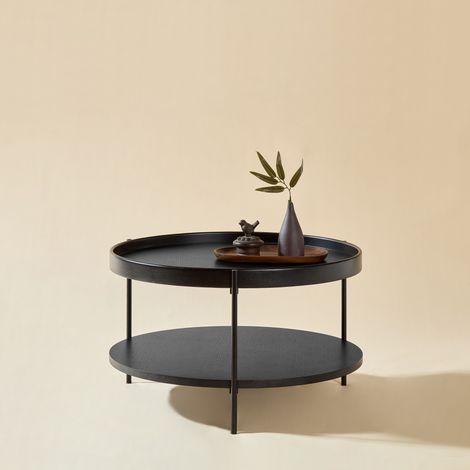 Table basse ronde 69x69x38 cm noire en bois massif et MDF avec double plateau (1/5)