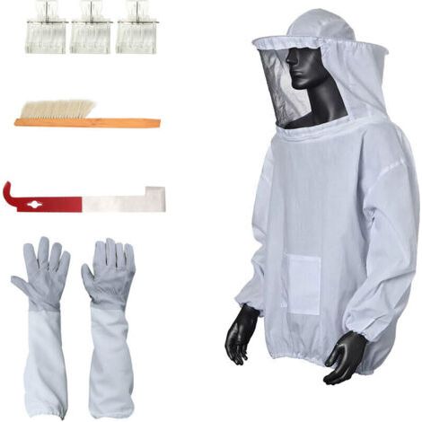 Juego de herramientas de apicultura de 7 piezas, bata blanca a prueba de abejas, guantes de apicultura, raspador, cepillo para abejas. (1/5)