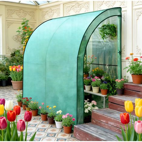 Serre de jardin adossée 200x100x210 cm verte en métal et polyéthylène avec 2 portes enroulables (1/5)