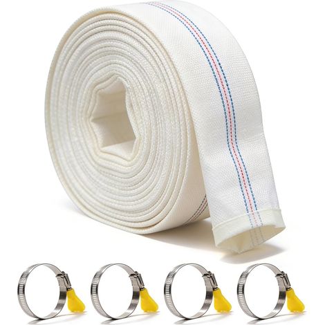 Tubo flessibile intrecciato piatto da 1 1/4" (20 m, 35 mm) con 4 fascette, tubo per impieghi gravosi da cantiere, tubo industriale fino a 10 bar, kit di tubi per pompe sommergibili e pompe.