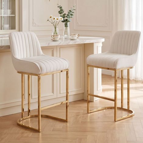 Wahson Bar Stools Set of 2 Velvet Armless Breakfast Kitchen Counter Stools with Metal Frame Bar Chairs for Home Bar Restaurant, White