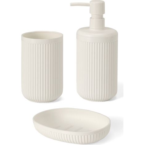 Set accessori bagno 3 pz con dispenser portaspazzolino e portasapone bianco crema cannettato Arizona (1/5)