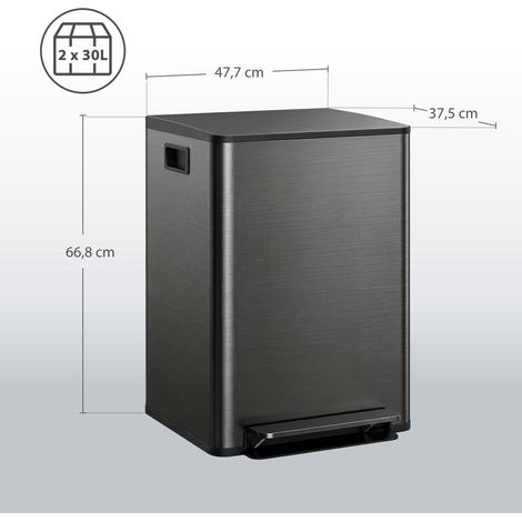 Poubelle de cuisine 2 compartiments de 2 x 30L, acier inoxydable, couvercle à fermeture douce, 47,7x37,5x66,8cm, noir (1/5)