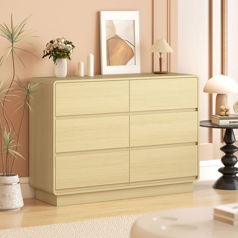 Sideboard mit 6 Schubladen, abgerundeten Kanten, für Wohnzimmer, Küche, Eingangsbereich, Büro, 120 x 38 x 86 cm, Natur