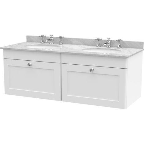 Swynnerton Traditional 2 Drawer Wall Hung Vanity Unit with Double Marble Basin, Satin White, 1200mm