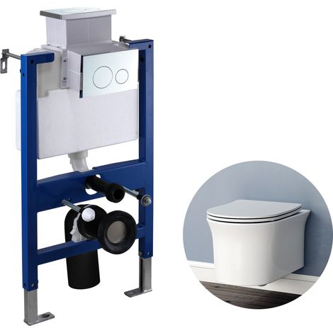 Wall Hung Toilet Rimless Round WC pan with 0.82M Concealed Cistern Frame UF Soft Close Seat (1/5)