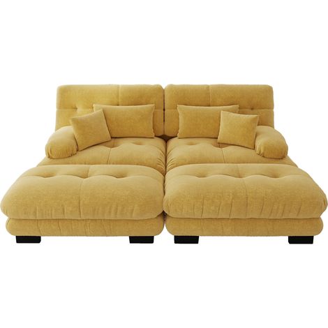 Sofá rinconero modular de chenilla amarilla con 2 cojines y 2 pufs MODENUIT (1/5)