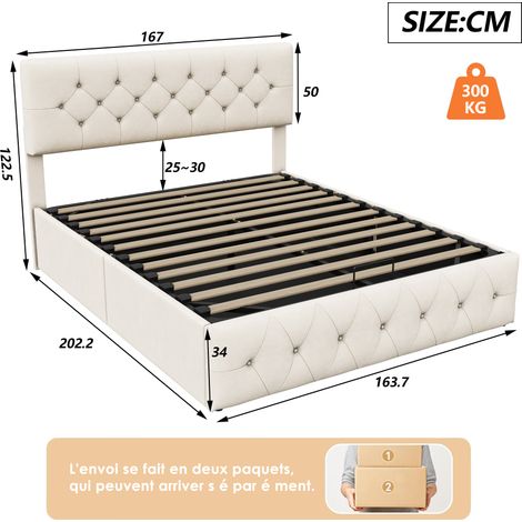 Dans Les Nuages – Lit coffre 160x200 cm – Rangement pratique avec mécanisme à vérin à gaz – Cadre en métal et sommier à lattes en bois – Velours beige capitonné