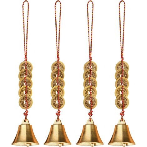 Set di 4 campanelle cinesi Feng Shui per ricchezza e sicurezza, ottone con campana, carillon cinese Feng Shui, carillon a vento in metallo vintage, per felicità, successo e pace (1/5)