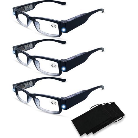 Lot de 3 paires de lunettes de lecture – Éclairage LED et loupe intégrés – Pour hommes et femmes – Vision nette pendant la lecture (1/5)
