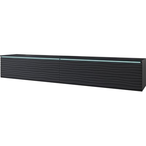 Meuble TV Lowboard D 180 cm, meuble TV avec éclairage LED, meuble TV suspendu, couleur noir ondulé (1/4)