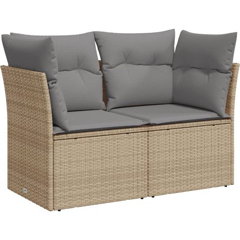 Canapé de jardin avec coussins 2 places beige résine tressée (1/5)