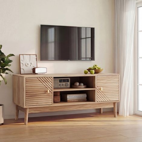 Meuble tv 110 cm style moderne rétro avec rangement intégré, meuble bas pour écran 32 à 45 pouces, finition chêne (1/5)