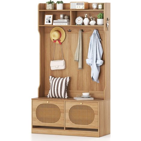 COSTWAY 4 in 1 Stand Appendiabiti da Terra, Panchina con Appendiabiti e Cassetti a Ribalta, Attaccapanni da Ingresso con 6 Ganci Doppi e Ante, Ideale per Ingresso Soggiorno Guardaroba, 101,5x40x180 cm (1/5)