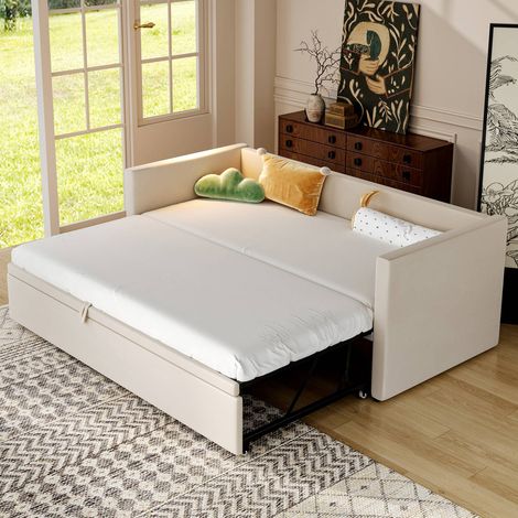 Lit banquette 90x200cm en velours beige, lit multifonction extensible avec sommier à lattes intégré (1/5)