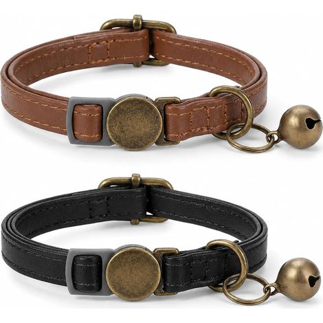 Lot de 2 colliers réglables en cuir pour chat avec clochette (1/5)