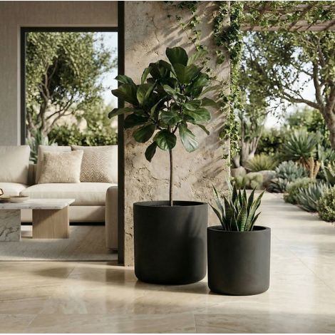 Lot de 2 jardinières rondes 34x32 cm et 40x40 cm noires en oxyde de magnésium avec drainage (1/5)