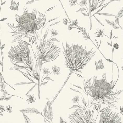 Papel pintado floral Profhome 394272 papel pintado vinílico estampado en caliente tejido non tejido ligeramente texturado con ornamentos florales mate blanco negro 5,33 m2