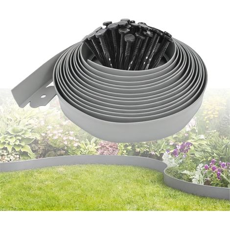 Bordure de jardin flexible gris 10m hauteur 5cm, délimiteur paysager sans creuser avec 30 piquets, pour parterres, pelouse et allées (1/5)