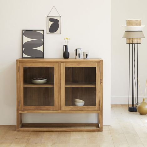 Buffet en teck massif et verre 120 cm (1/5)