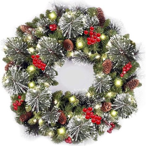 Couronne de Noël en épicéa avec lumière LED à suspendre pour porte d'entrée, décoration de Noël pour intérieur et extérieur,Idéal pour les décorations de vacances et les réunions de famille,pas de plu (1/5)