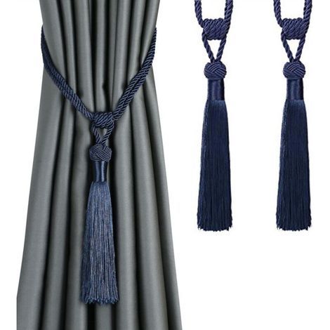 [JAMAIS UTILISÉ] Lot de 2 embrasses de rideaux à longs pompons, faites à la main, en corde tressée, style européen, décoratives (bleu foncé) (1/4)