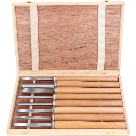 Kit de 8 ciseaux à bois en acier manganèse 65, manche en hêtre, poignée ergonomique pour tour à bois, coffret de rangement inclus (1/5)