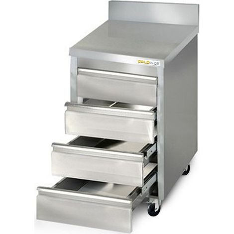 Meuble inox 4 tiroirs 500 x 700 mm adossée sur roulettes / GOLDINOX