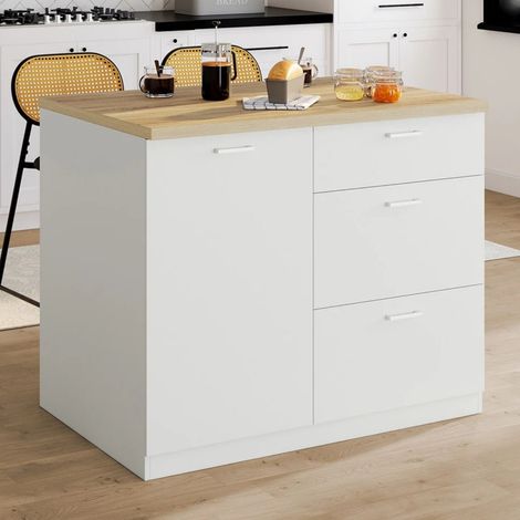 TIBO 110 cm isla central con cacerola de madera blanca de 3 cajones y encimera efecto haya
