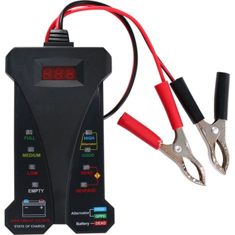 Comprobador de batería digital de 12 V, voltímetro y analizador del sistema de carga del alternador con pantalla LCD e indicador LED, pintura de goma negra. (1/4)
