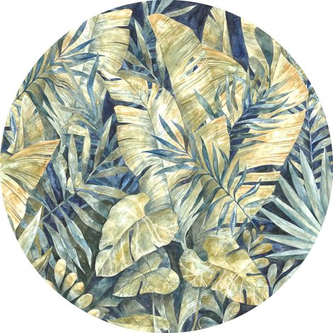 papier peint panoramique rond adhésif Feuilles Tropicales bleu et vert - Komar (1/3)