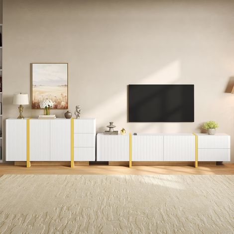 Salon moderne : meuble TV bas et buffet, façade rainurée, rangement fermé, blanc (1/5)