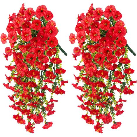 Lot de 2 décorations de vigne de fleurs artificielles, décoration murale de gloire du matin rouge, anti-ultraviolet (1/5)
