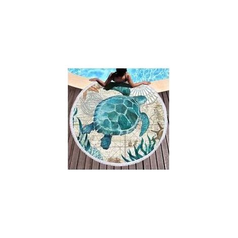 Serviette de plage ronde en microfibre ultra-absorbante – 150 cm, bleu motif tortue, idéale pour plage, yoga, pique-nique ou camping (1/4)