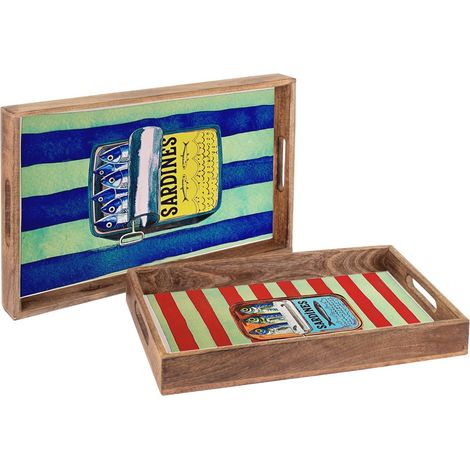 2er-Set dekorative Tabletts aus Holz und Harz mit Sardinenmotiv, ideal für Küche und Esszimmer, maritimes Dekor (1/4)
